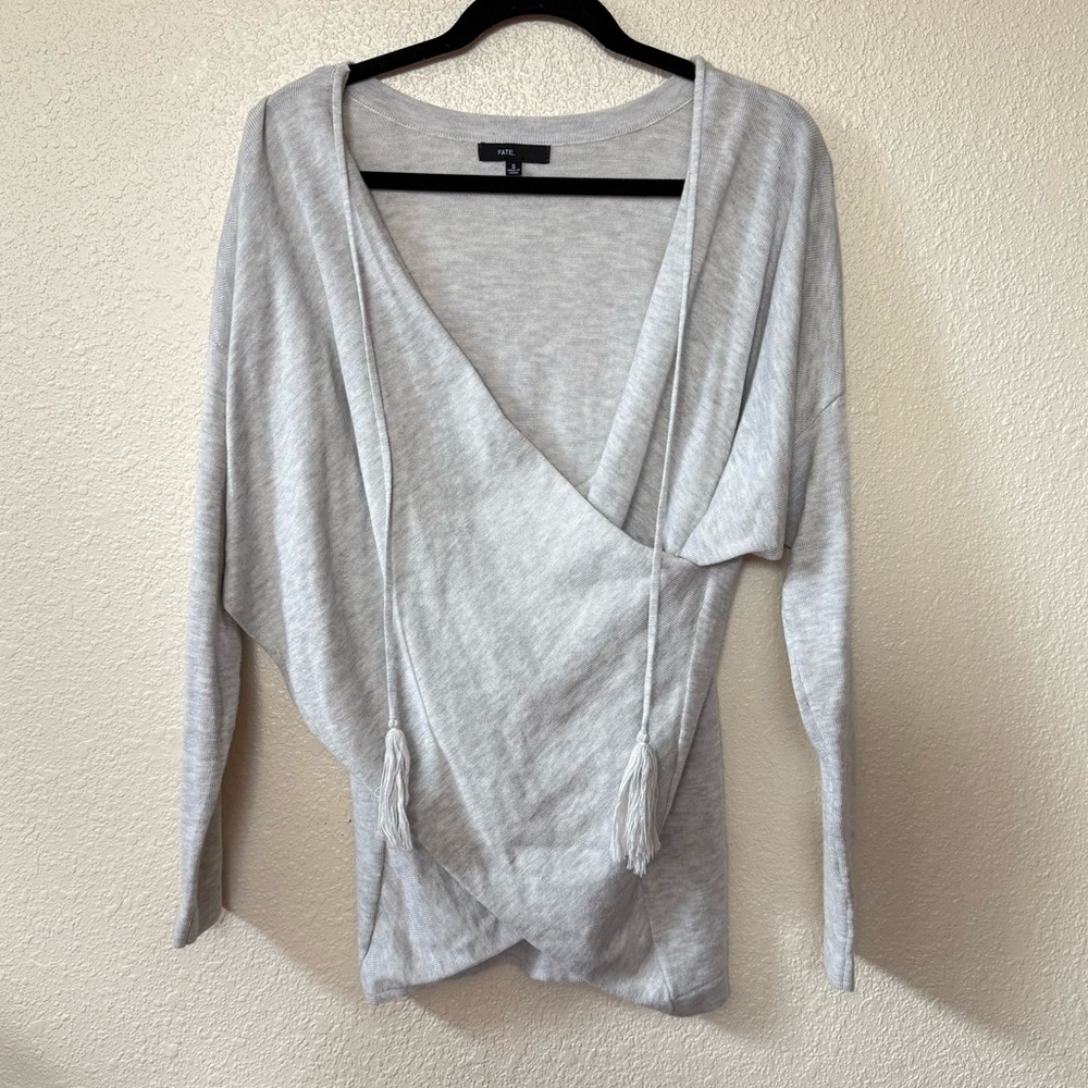 Fate Light Gray Cross Front Long Sleeve Lightweight Sweater Top Small